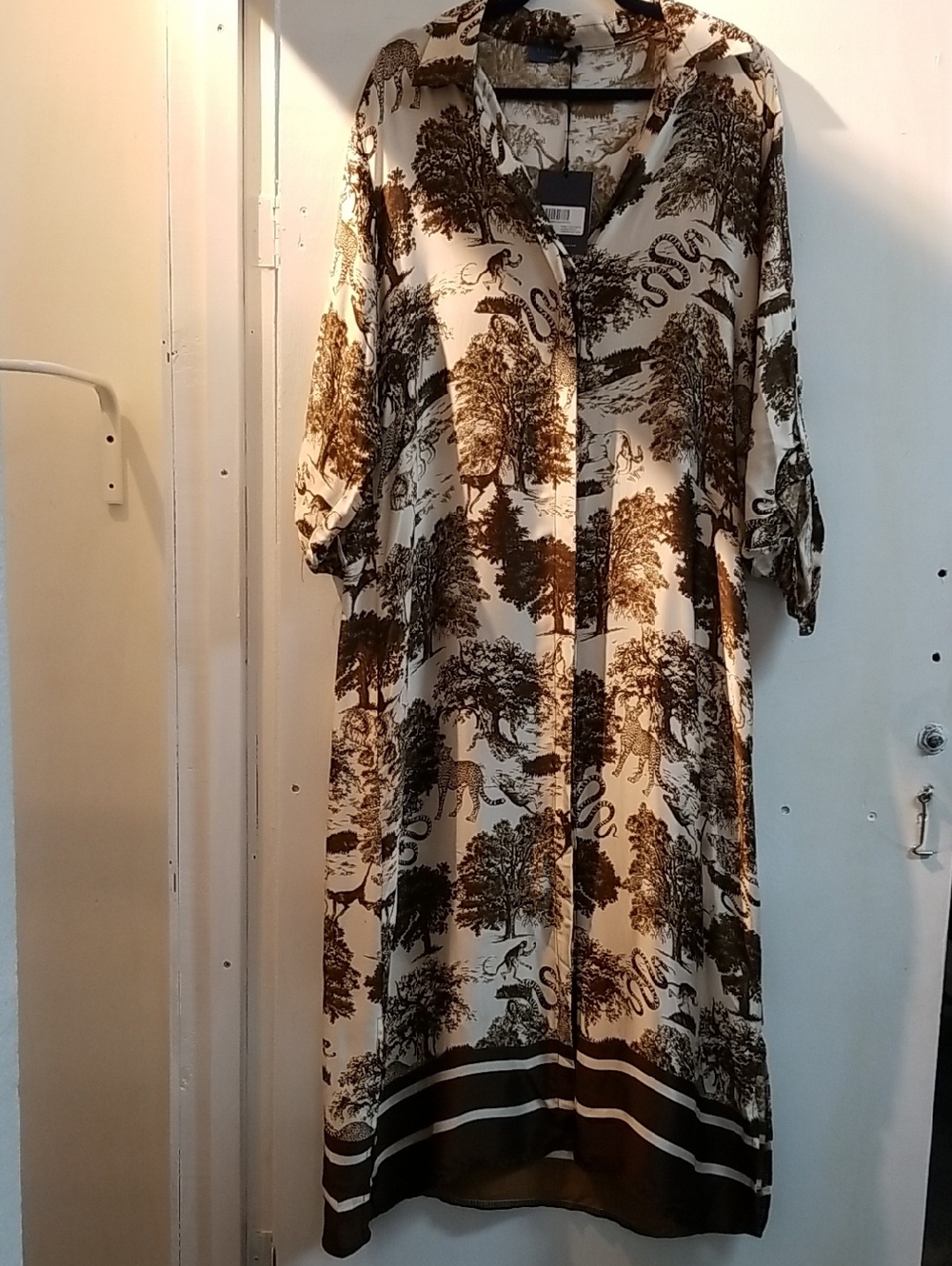 Schouler Cream and Brown Printed Maxi Shirt Dress (Tree & Animal Motif)
